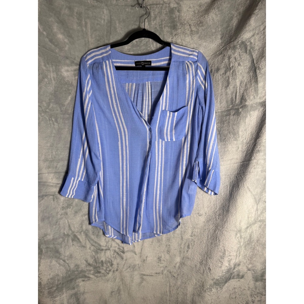 Fred David Blue White Striped V-Neck 3/4 Sleeve Button Front Blouse Top 
Large